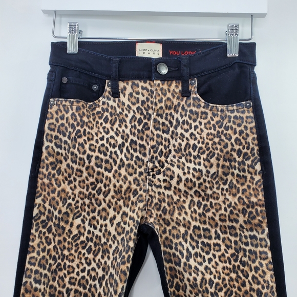 Alice + Olivia Leopard Print High Rise Skinny Jeans Queen Of The Night Black Raw - Picture 2 of 8